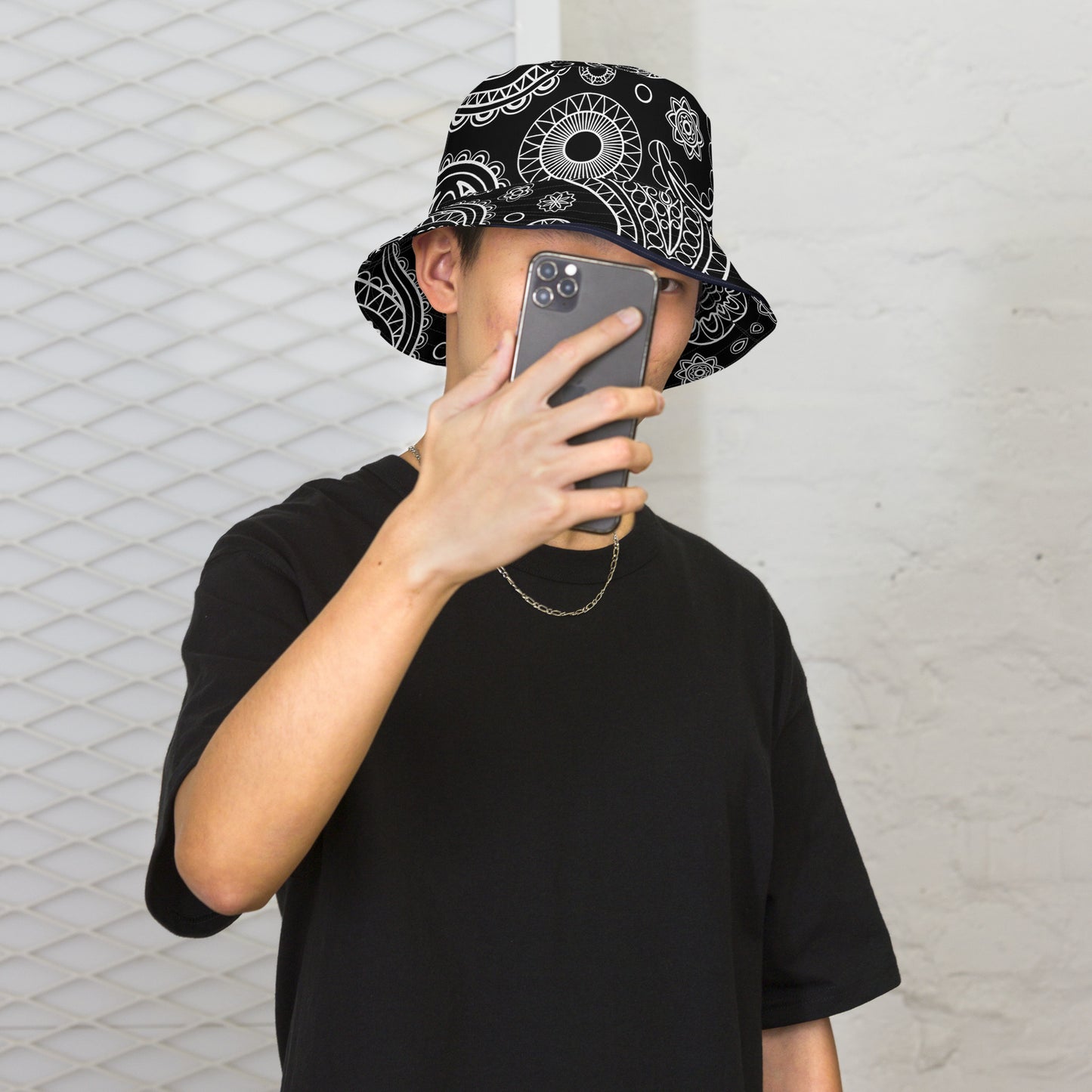 Reversible Black Paisley bucket hat