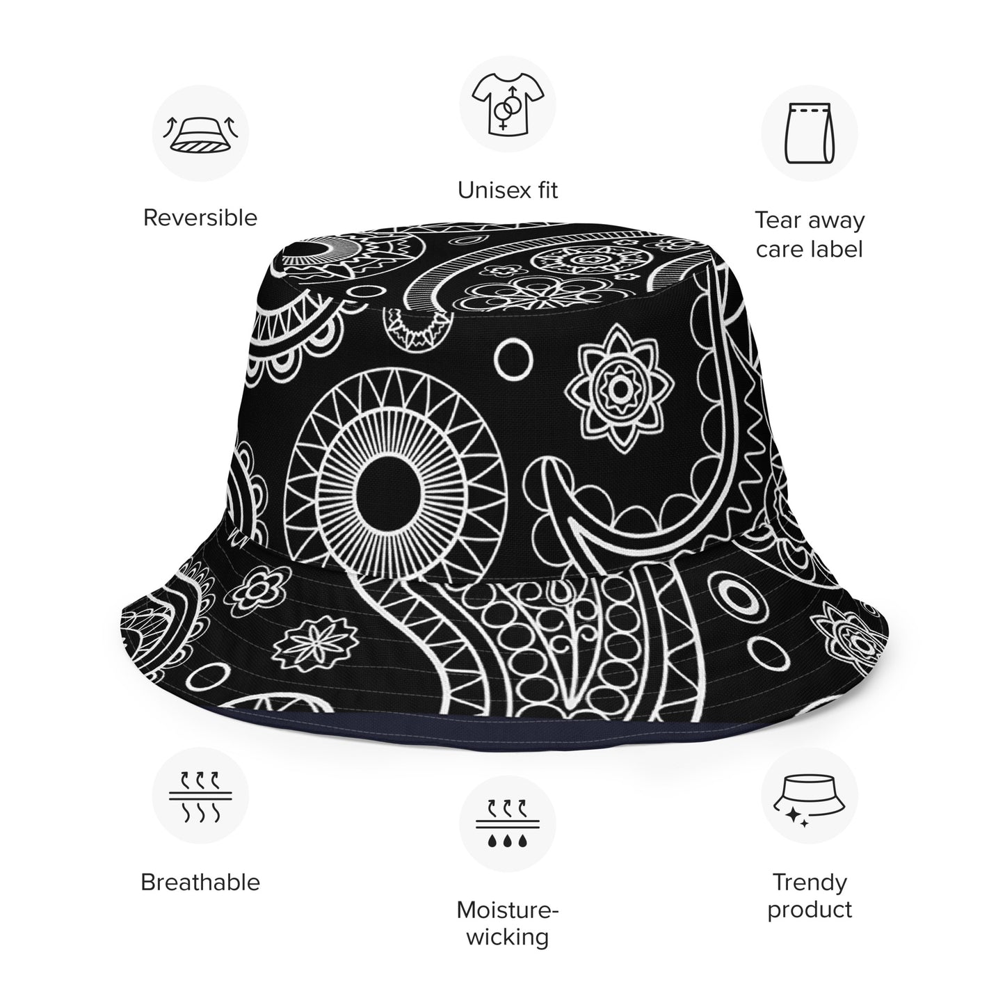 Reversible Black Paisley bucket hat